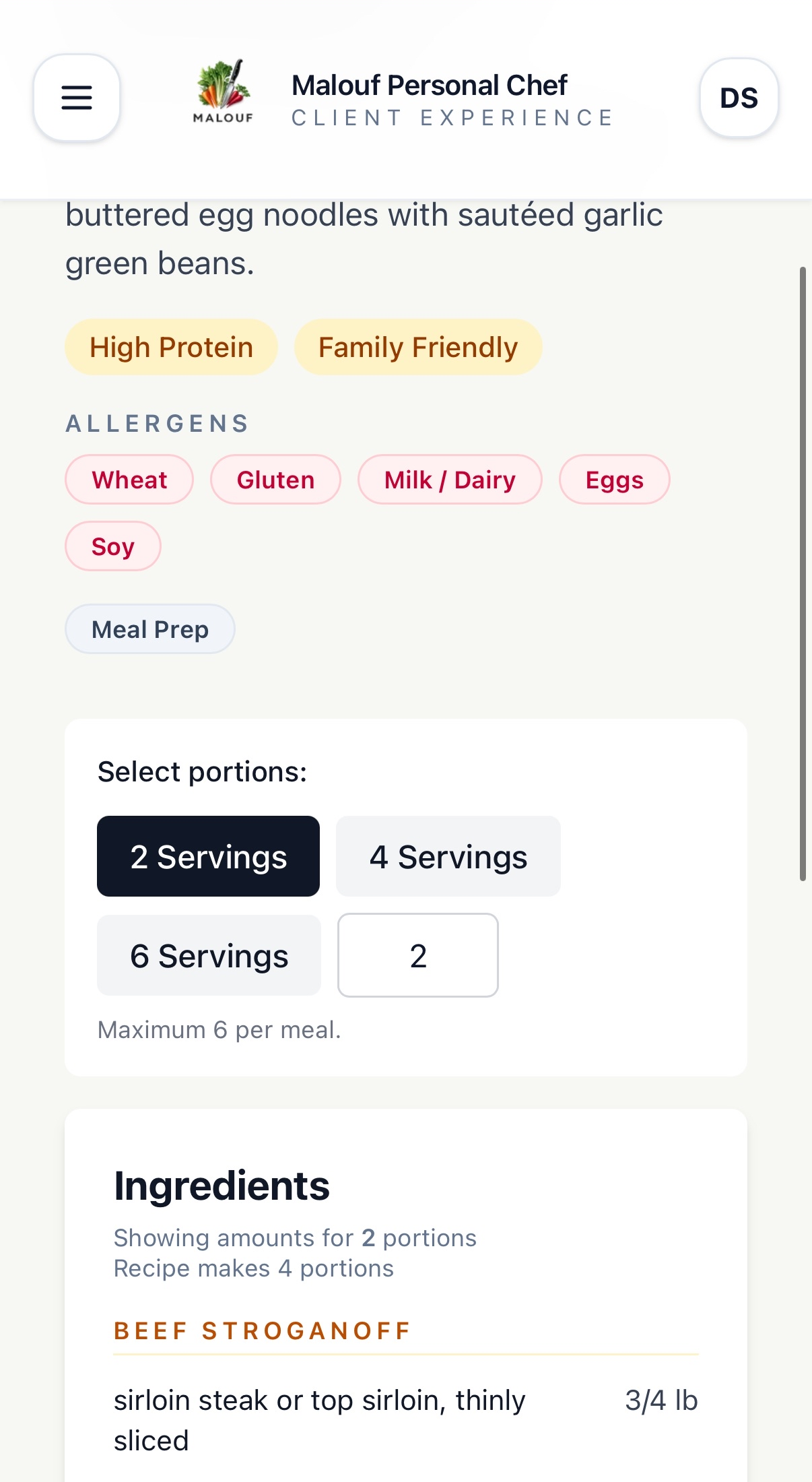 Meal detail with portions