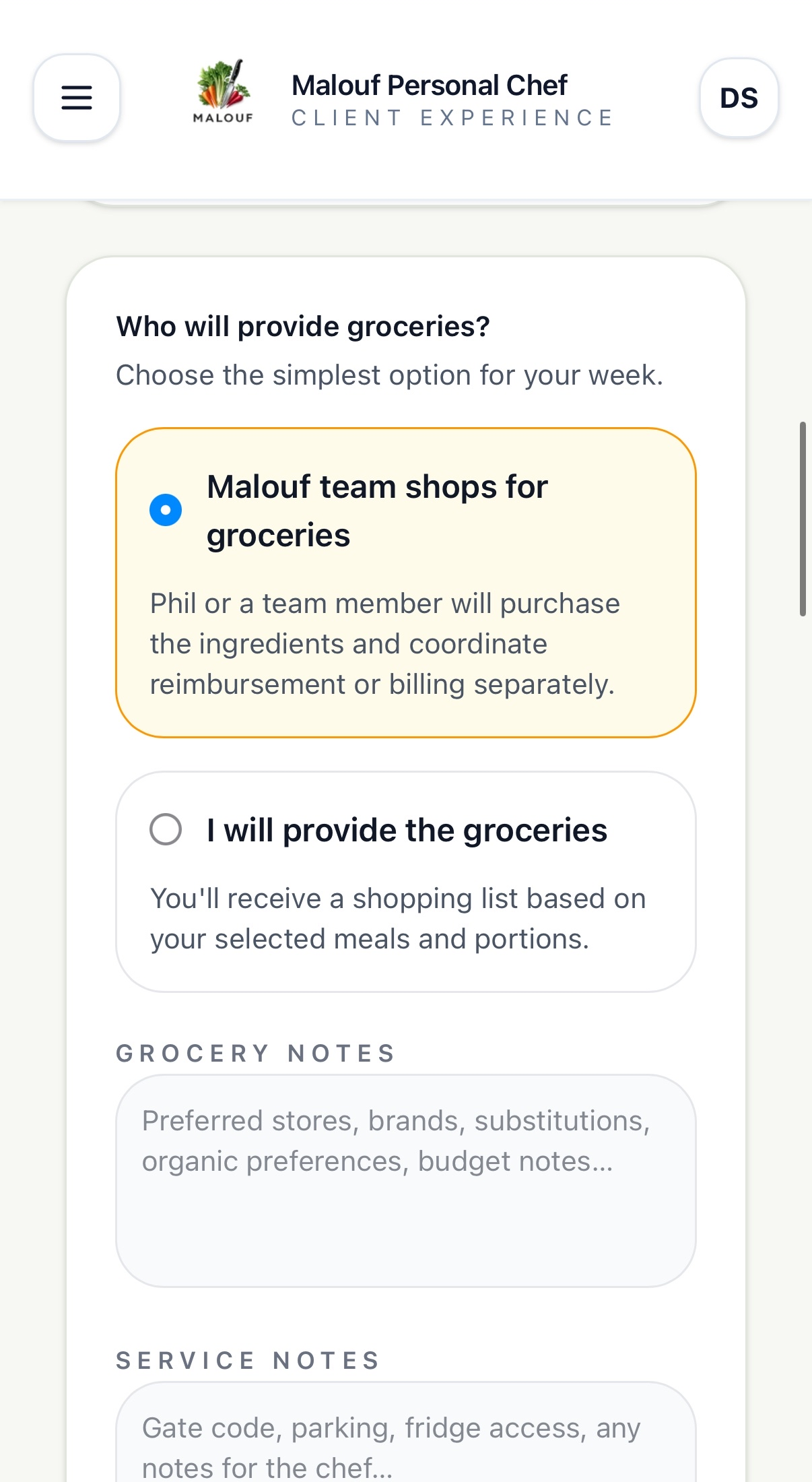 Grocery preference screen